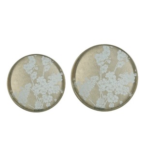 Round Metal Storage <b>Tray</b> With Floral Engraving Design Oriental Style For Table Use 2-Pack - Product Image 3