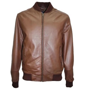 เสื้อแจ็คเก็ตบอมเบอร์หนังแกะแท้สีน้ำตาลสำหรับผู้ชาย - Product Image 1