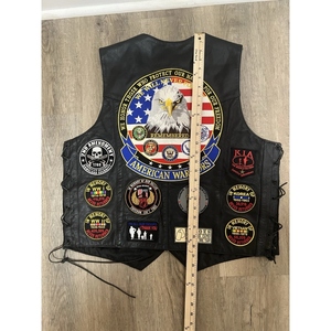 Custom Leather Motorcycle Biker <b>Vest</b> With Patriotic Embroidered Patches Side Lacing Button Front And Sleeveless Rider Design USA - Product Image 4