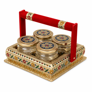 Panier en bois artisanal avec 4 bocaux en verre, ensemble de rangement pour épices de cuisine, design oriental, multifonctionnel - Product Image 3