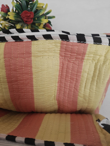 Yellow Orange Stipe Block Printed Eco-Friendly Durable Cotton Zipper <b>Makeup</b> <b>Case</b> Indian Travel Cosmetic Organizer Kit - Product Image 2