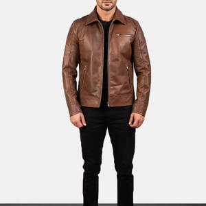 Custom Wholesale <b>Men</b> Genuine <b>Leather</b> <b>Jacket</b> Brown Slim Fit Biker Motorcycle Stand Front Waterproof Eco-Friendly Autumn Winter - Product Image 1