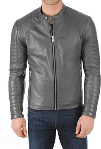 Blouson moto homme personnalisé en cuir d'agneau véritable, à capuche, fermeture éclair verticale, coupe ajustée, manches classiques, couleur unie sur le devant - Product Image 4