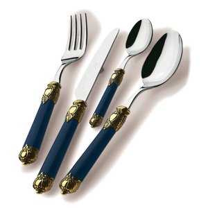 Elegante Juego de Cubiertos con Mango Azul y Detalles Dorados, Cuchara, Tenedor, Cuchillo, Aptos para Lavavajillas, de Acero Inoxidable, para Bodas - Product Image 1
