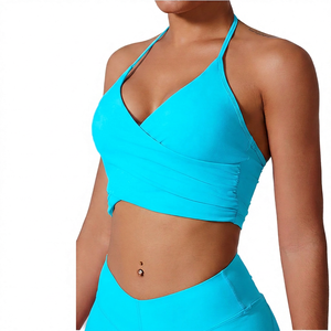 Women's Deep V Neck High Stretch Breathable Sports Bra With Removable Padding Backless Workout Top Pink - Product Image 4