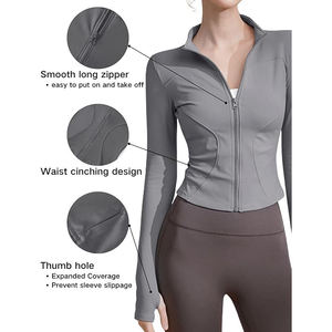 Women's Gray Full Sleeve Zipper <b>Yoga</b> <b>Jacket</b> Sweat-Wicking Spandex Polyester Activewear Top Solid Color Stand Neck Design - Product Image 3