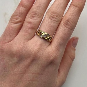 Bague Vintage en Or Jaune 18K Véritable Or, Filigrane avec Trio de Diamants de Laboratoire, Style Antique, Anneau de Mariage pour Femme - Product Image 6