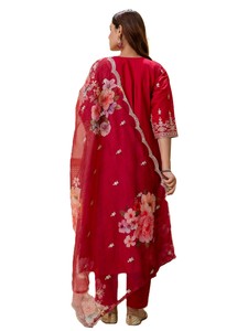 Châle en soie rouge brodé de fleurs pour femme, style traditionnel indien pakistanais, pour l'hiver, l'automne, le quotidien, le printemps, l'été, séchage rapide - Product Image 4