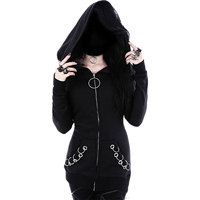 Sweat-shirt à capuche surdimensionné pour femme, style gothique, avec boutons recouverts, manches longues, veste punk avec poches et chaînes en dentelle
