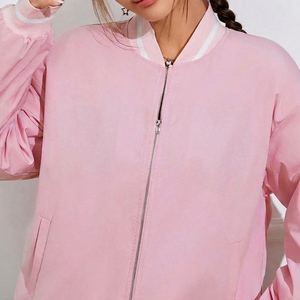 Veste universitaire rose à manches longues avec fermeture éclair, bordure contrastante, coupe classique, pour femme, tenue d'automne, couleur unie, col rabattu - Product Image 5