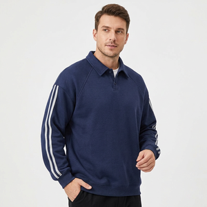 Men's Navy Blue Quarter <b>Zip</b> Sweatshirt Regular Fit Solid Casual Stand Collar Cotton Fleece Anti-Pilling Jacket Autumn Wear - Product Image 2