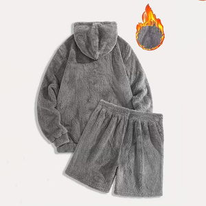 Men's Gray Fleece Hoodie Shorts Set Solid Color Pullover Winter Lounge Wear Regular Sleeve Knitted Unlined - Product Image 3