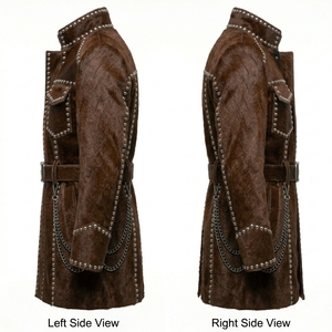 Custom Mens Brown Hairon <b>Leather</b> <b>Jacket</b> Supplier Wholesale Studded Longline Cowhide Outerwear Factory Exporter Manufacturing - Product Image 3