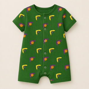 Romper de Manga Corta Acanalado para Bebé, 100% Algodón Verde |   Conjunto de una pieza suave para bebé, unisex, con broches frontales, para uso diario, personalizado - Product Image 1