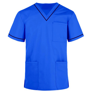 Blouse de travail bleu roi tissée à col en V et manches courtes avec bordure contrastante, uniforme d'infirmière pour hôpital et salon de beauté - Product Image 1