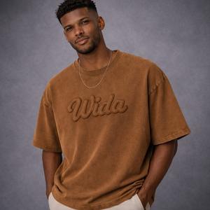 T-shirt vintage brodé tendance en gros, personnalisé avec logo de marque, pour homme, à manches courtes, en coton épais délavé à l'acide - Product Image 1