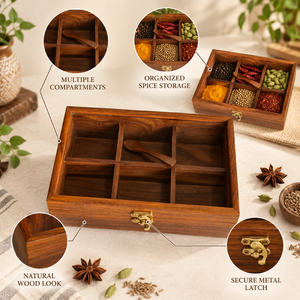 Wooden Masala <b>Box</b> with 6 Compartments & Spoon | <b>Indian</b> <b>Spice</b> Storage <b>Box</b> with Brass Latch for Kitchen <b>Spices</b> and Condiments Home - Product Image 4
