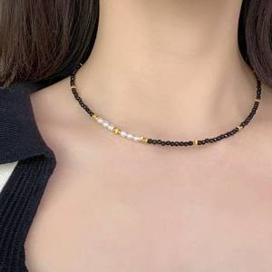 Collar de Perlas de Agua Dulce con Cuentas de Cristal Negro Puntiagudo de Alta Gama, Plata S925, Oro Desgastado, Estilo Fresco y Dulce - Product Image 3