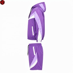 Conjunto Deportivo Cortavientos Color Morado con Bloques de Color, Chaqueta con Capucha y Cremallera y Pantalones Cortos, Unisex - Product Image 3