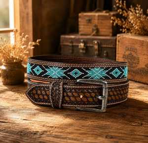 Premium Vintage <b>Western</b> Beaded Cowboy <b>Belt</b> Genuine Leather Alloy Pin Buckle Geometric Tooling Beaded Inlay Handcrafted <b>Belt</b> - Product Image 2