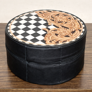 Boîte de rangement ronde pour bijoux en cuir de vachette véritable, artisanale, avec motif à carreaux et design floral, parfaite pour les femmes - Product Image 5