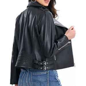 Women's New Solid-Color Square Collar Leather <b>Jacket</b> With Zipper Simple Style <b>Short</b> Length for Winter - Product Image 4