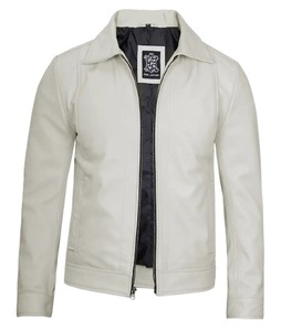 <b>Mens</b> Shirt Collar <b>White</b> Leather <b>Jacket</b> - Product Image 1