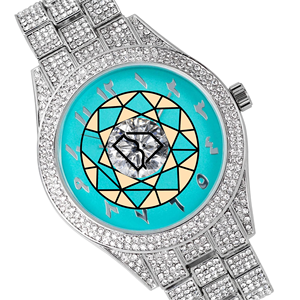 Luxury Lab Diamond <b>Watch</b> Analog Quartz Stainless Steel Band Turquoise Dial Round <b>Case</b> Butterfly Clasp - Product Image 4