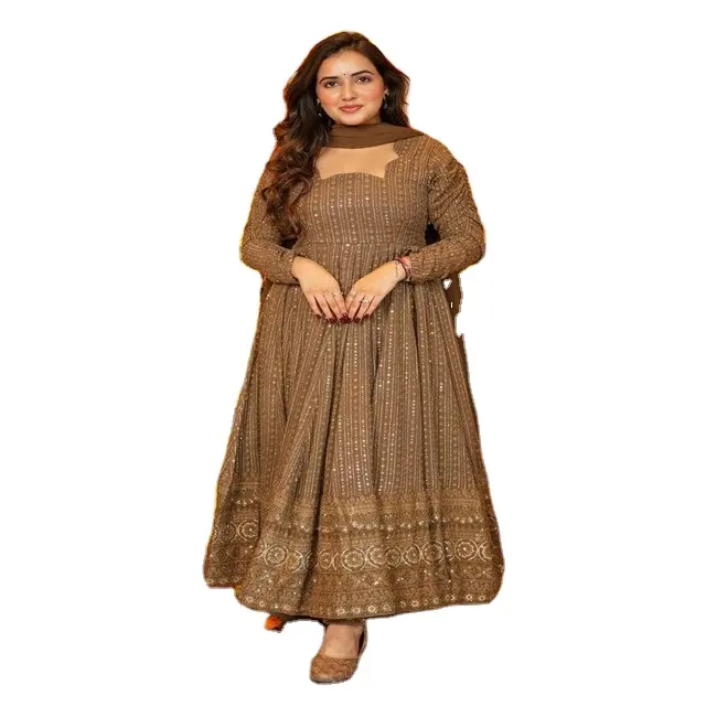 Costume Salwar en fausse georgette de couleur beige pour femmes traditionnelles avec Dupatta | Collections Grossiste Fournisseur d'Inde