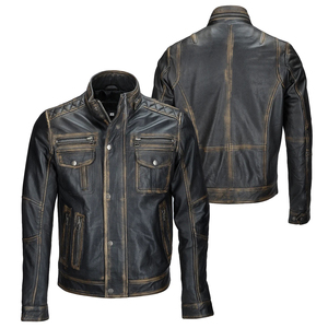 Veste moto en cuir véritable pour homme, col montant, fermeture éclair, coupe classique, style automne, couleur noire unie - Product Image 5