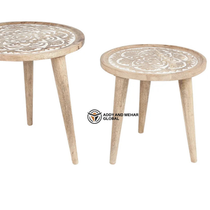 Handcrafted Round Wooden Nesting Tables Set of 2 with Carved Pattern Top – Rustic Mango <b>Wood</b> Side Tables for Living Room - Product Image 3