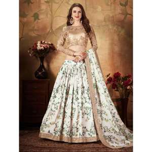 Lehenga Choli semi-cousu en soie organza imprimé floral blanc cassé époustouflant de Sabyasachi avec blouse - Product Image 2