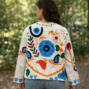 Suzani Embroidered Knitted Velvet Bomber <b>Jacket</b> Handcrafted Floral Boho Statement Wear Full Sleeve Autumn Outerwear Breathable - Product Image 4