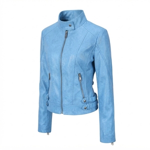 Chaqueta de Moto de Cuero Sintético Azul Claro para Mujer, Cuello Alto, Cierre Completo, Manga Larga, Color Sólido, Estilo Biker, Ropa de Otoño - Product Image 4