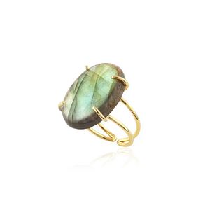 Bague artisanale ovale large en grappe de labradorite, en laiton plaqué argent 925, style vintage, double tige - Product Image 2