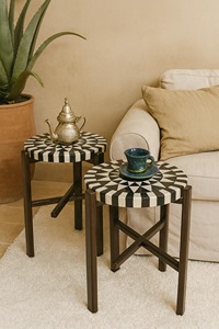 Modern <b>Marble</b> Top Nesting Stools With Wood Frame Contemporary Home <b>Bar</b> Furniture Black White Geometric Design - Product Image 4