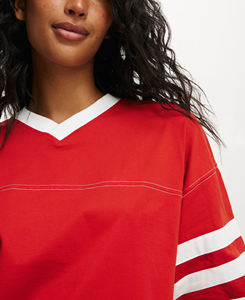 T-shirt décontracté pour femme à col en V rouge, manches courtes, imprimé logo flamme, coupe ample, 100 % coton jersey, printemps-été, prix abordable - Product Image 6