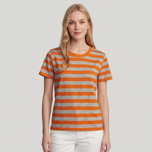 <b>Women's</b> Orange Gray Striped Crew Neck Short Sleeve <b>T</b>-<b>Shirt</b> Regular Fit Knitted Cotton Casual Spring Summer Top Spring Bangladesh - Product Image 3