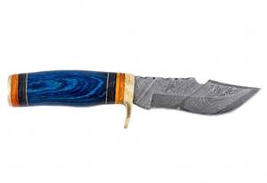 Cuchillo utilitario artesanal de hoja fija de acero de Damasco con mango de Pakkawood azul y guardacuchillo de latón, herramienta de campo DIY y OEM - Product Image 3