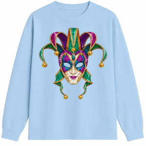 Sudadera Elegante de Manga Larga para Mujer con Estampado de Máscara de Bufón de Mardi Gras y Lentejuelas, Cuello Redondo - Product Image 1