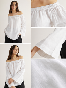 Ensemble de vêtements de vacances bohèmes tissés de qualité supérieure - Blouse blanche élégante à épaules dénudées avec manches longues décontractées et modernes - Product Image 4