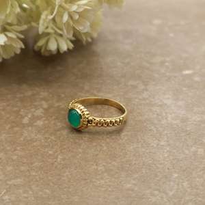 Vintage Green Onyx Statement <b>Ring</b> 18K Gold Plated Beaded Band Boho Ethnic Jewelry - Product Image 3