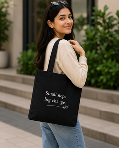 Canvas Fashion Tote <b>Bag</b> <b>Medium</b> <b>Size</b> Black with 'Small Steps Big Change' Print Groceries Daily Use Hand Length Handle - Product Image 4