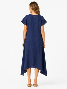Vestido Maxi Vintage Azul de Lino y Algodón Orgánico, Manga Corta, Silueta Recta, Bordado Floral, Dobladillo Asimétrico, Casual - Product Image 3