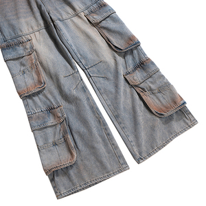 Pantalon cargo en denim délavé pour homme JAYCAN SPORTS, coupe régulière, multi-poches, streetwear, jambe large, coton mi-lourd, respirant - Product Image 4