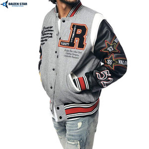 Men's Varsity Jacket Gray Black Sleeve Letter Embroidery Preppy Style Autumn Wear PU Material Patch Designs - Product Image 4
