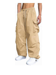 Men's Beige Cotton Cargo Pants Elastic Waist Drawstring Multiple Pockets Casual Autumn Wear Midweight Knitted <b>Harem</b> Style - Product Image 1