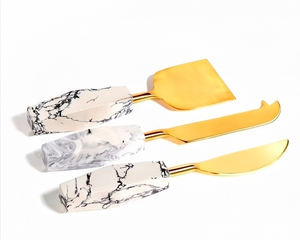 Golden Tone Cheese Butter <b>Knife</b> <b>Set</b> Of 3 Stainless Steel Featuring Stylish White Handle Ideal For Wedding Table Settings - Product Image 1