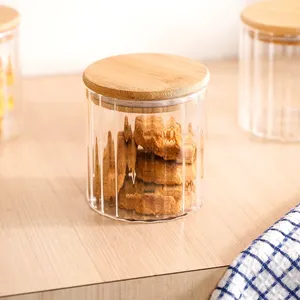 Food Grade Borosilicate Glass <b>Storage</b> Jar 610ml with Airtight Wooden Lid Ribbed Design <b>Kitchen</b> Organizer Container Wholesale - Product Image 2