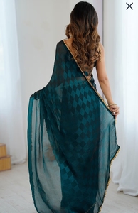 Sari Tradicional KV para Mujer, de Rayón y Chifón, Color Azul Turquesa, Adornado, Reversible, Antiarrugas, de Secado Rápido, para Fiestas de Otoño, Sin Coser - Product Image 3